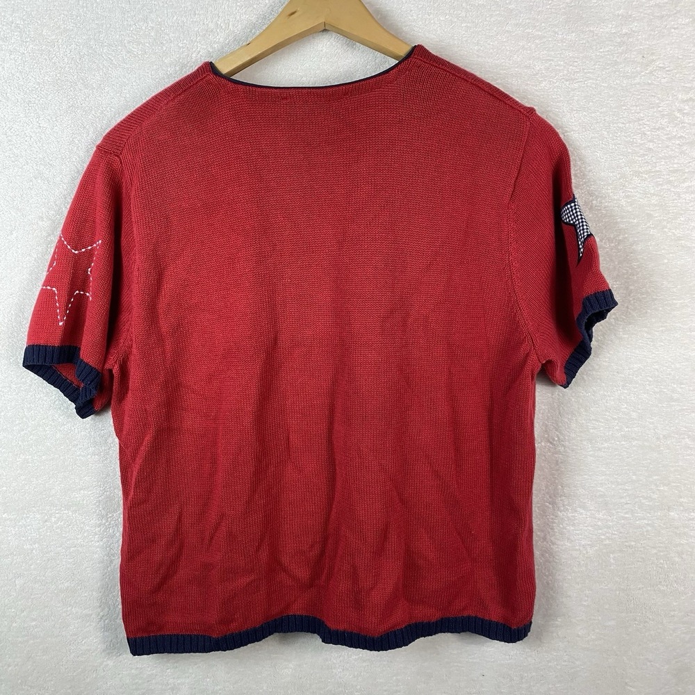 Vtg Norton Studio Short Sleeve Cardigan Sweater Patriotic Red Blue Stars Size XL - Picture 2 of 7